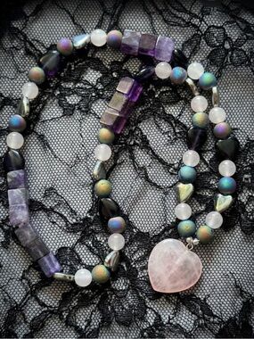 Rainbow Mechanical Heart Necklace (Rainbow Druzy, Amethyst, Rose Quartz, Jade)